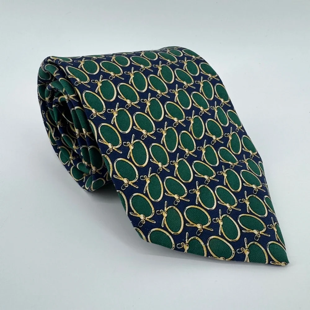 Brooks Brothers Tie Mens OS Green Navy‎ Gold Makers Silk Geometric Golf Pattern